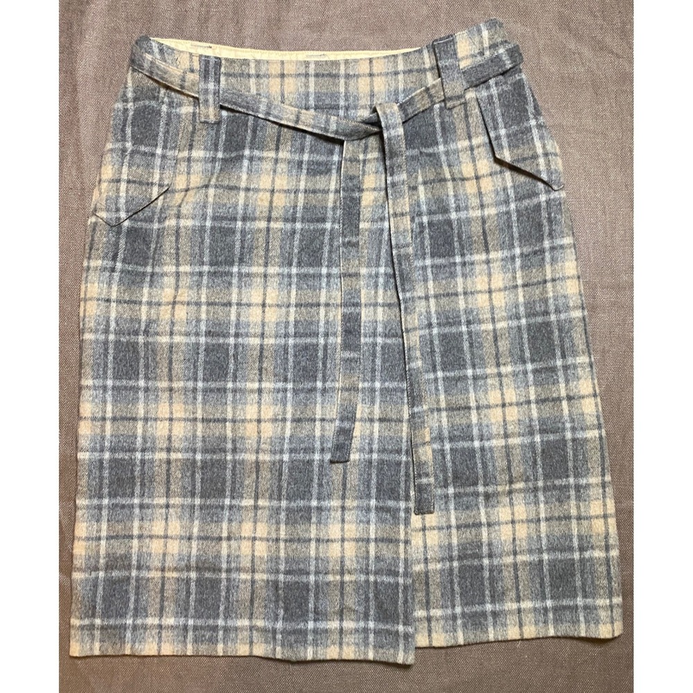 Talbots Plaid Wool Blend Belted Knee Length Skirt Women Size 4 Gray Beige